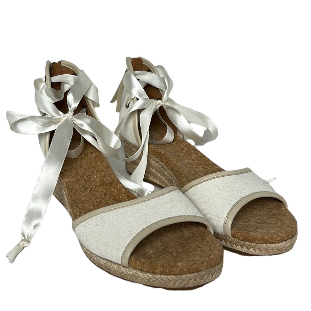 UGG cream wedge sandals with ankle ribbon ties size 9.5 like new